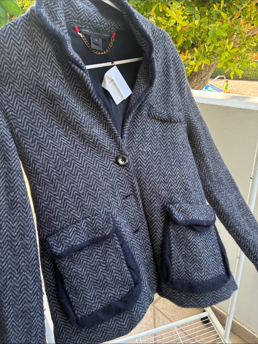 Marc by Marc Jacobs Navy Herringbone Wool-Blend Blazer Jacket